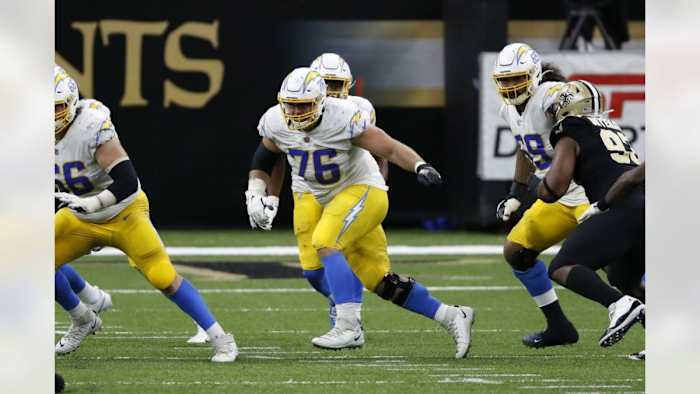 Former Chargers G Forrest Lamp (76) against the New Orleans Saints during a 2020 game. Credit: neworleanssaints.com
